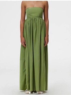 Tibi Sporty Nylon Strapless Green Maxi Dress